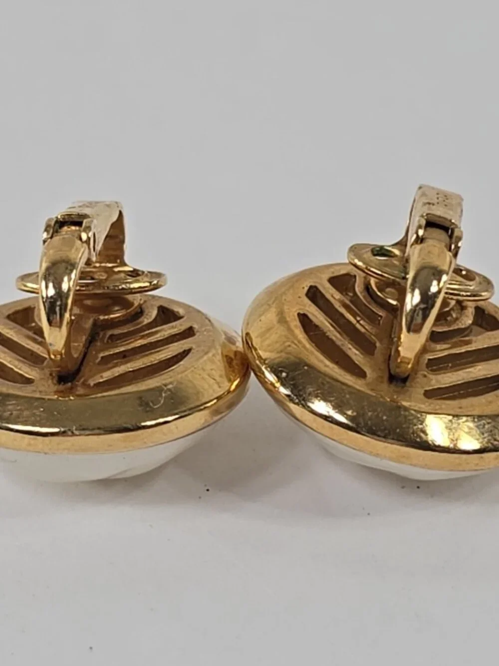 VINTAGE Trifari Gold Tone Faux Pearl Clip‑On Earrings Round Classic Signed......